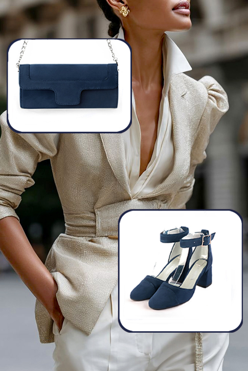 Dress heels closed-back ankle strap in navy blue leather with medium flare heels and round toe - Worn view